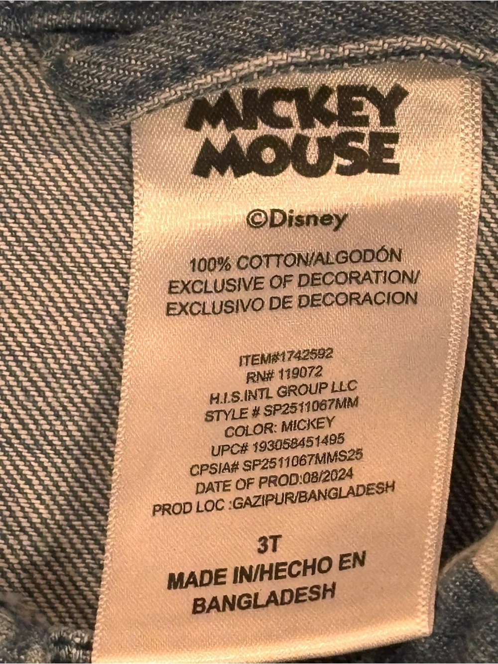 Disney Mickey Mouse Denim Jacket in Blue with White Print